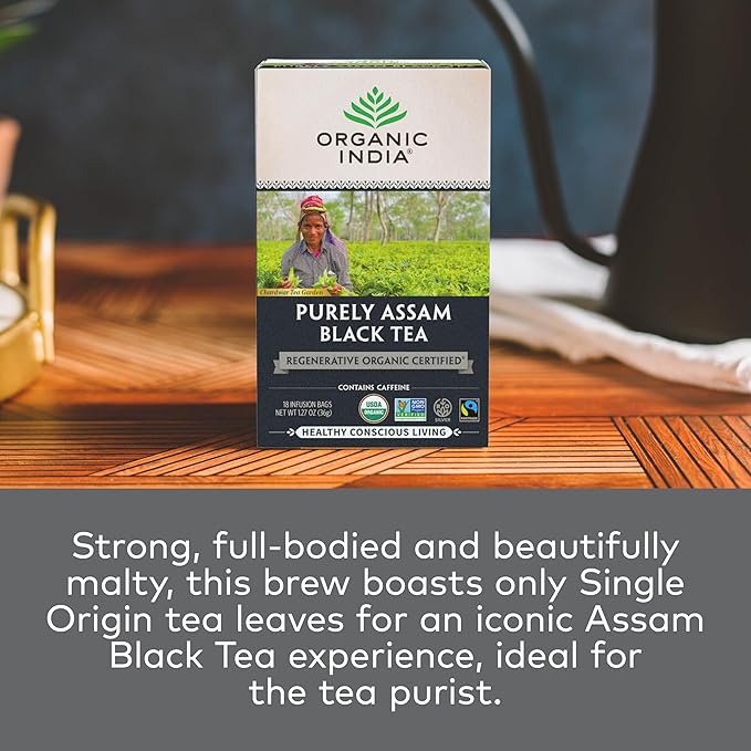 Organic India Purely Assam Black Tea - Caffeinated Herbal Tea Bags with Natural Assam Leaves, Enjoy with Milk & Sweetener, USDA Organic, Non-GMO, Fairtrade Certified - 18 Bags (Pack of 3)