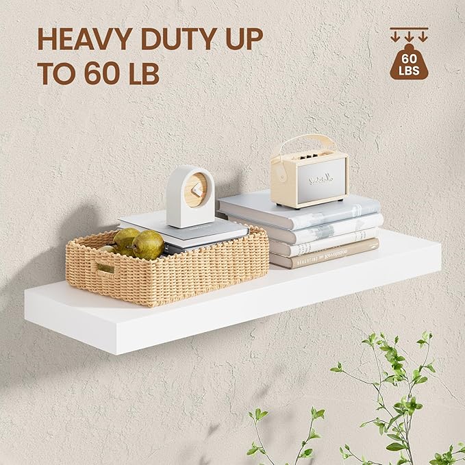 Heimlove 24 inch Floating Shelves for Wall,2 Packs Natural Pine Solid Wood Floating Shelves, 8 inches Deep Wooden Shelves for Kitchen Bedroom Office & Living Room Display Wall Decor