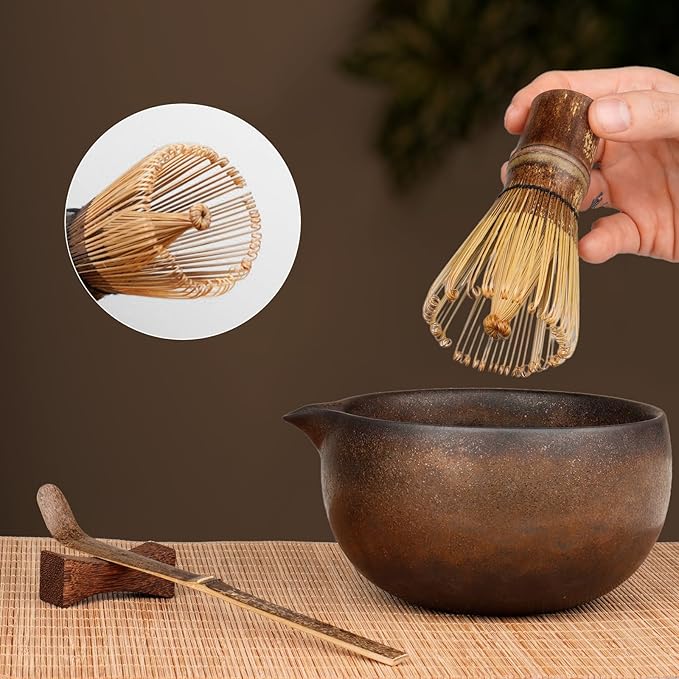 7-Piece Matcha Set with Ceramic Matcha Bowl, Bamboo Whisk (Chasen) & Holder, Sifter, Tea Scoop & Rest, Special Bamboo Tea Mat - Perfect Matcha Kit for Matcha Lovers & Gift Giving, Gilded