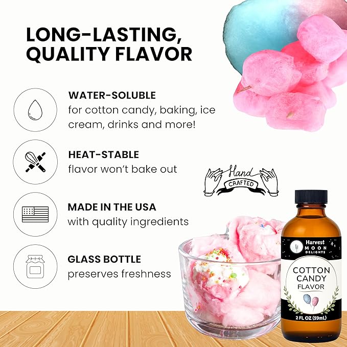 Cotton Candy Flavoring Extract - 2 oz - Water-Soluble - By Harvest Moon Delights - Cotton Candy Extract for Baking, Ice Cream, Drinks, and Candy - Flavor - Sugar Free