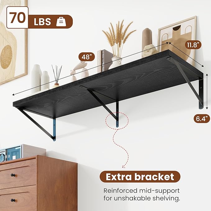 Deep Wall Shelves 48"W x 12"D Engineered Wood Floating Shelves for Wall, Sturdy Metal Bracket Bookshelves Home Decor Storage for Living Room Bedroom Bathroom Kitchen, Set of 2, Black Finish