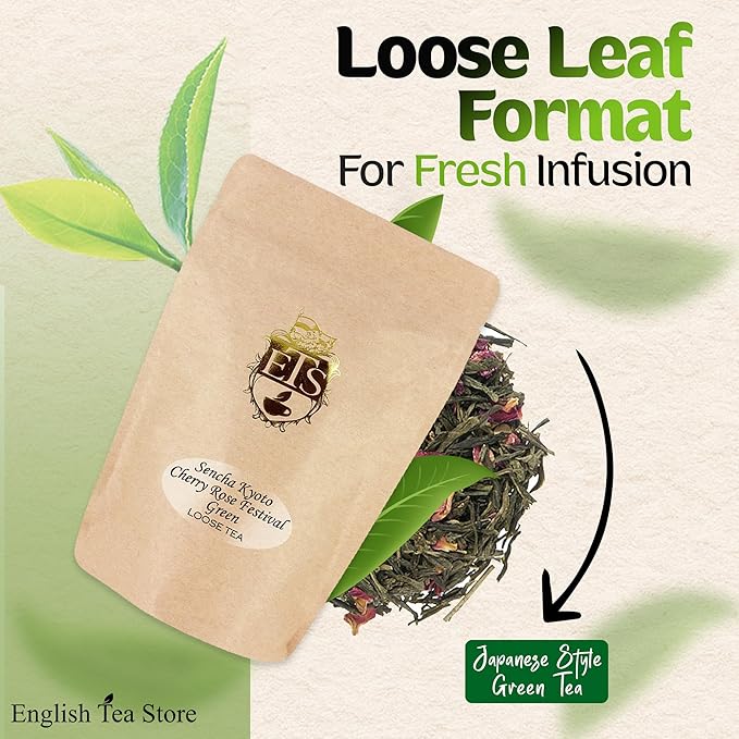 Sencha Kyoto Cherry Rose Festival Green Tea | Loose Leaf Japanese Style Green Tea with Sweet Cherry and Rose Flavor | 16oz Pouch | Great Hot or Iced | Steamed Sencha Tea | English Tea Store