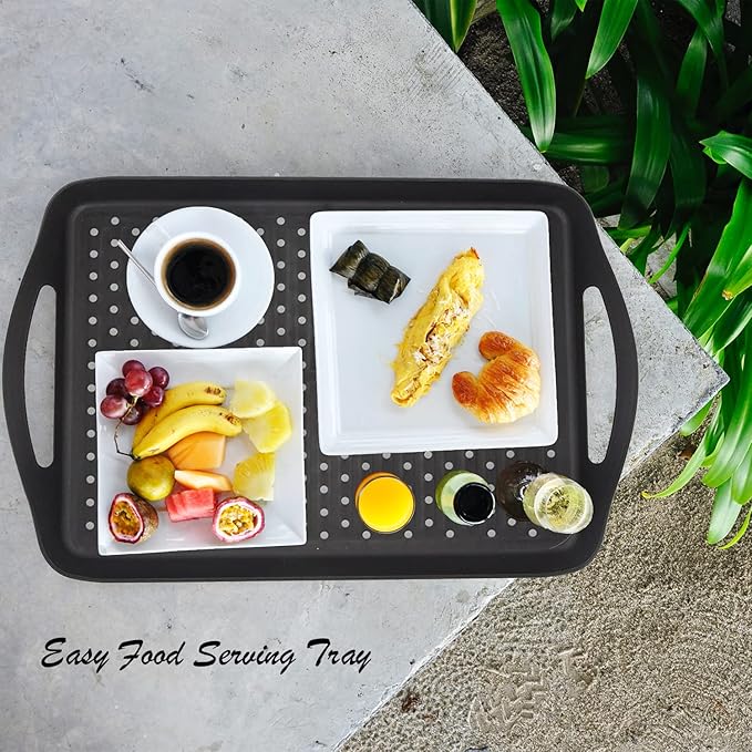 Non Slip Food Serving Tray with Handles, 2-Pack Rectangle Anti-Slip Non-Toxic Dishwasher Safe Tray for Snack Fruit Dessert Breakfast Drink,Black