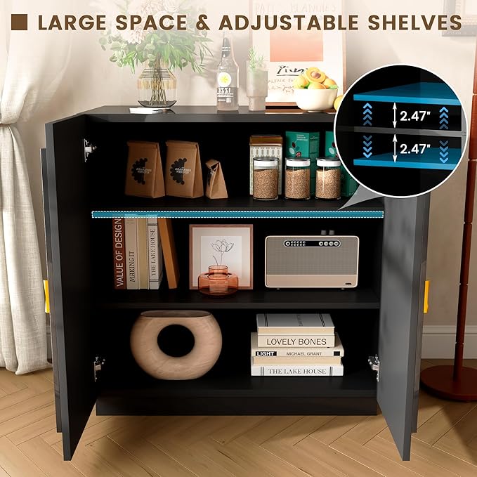 LVSOMT Sideboard Buffet Cabinet with Storage, Modern Accent Credenza with Doors and Adjustable Shelve, 33" Wood Coffee Bar Cabinet for Kitchen, Entryway, Dining Room, High Gloss Black