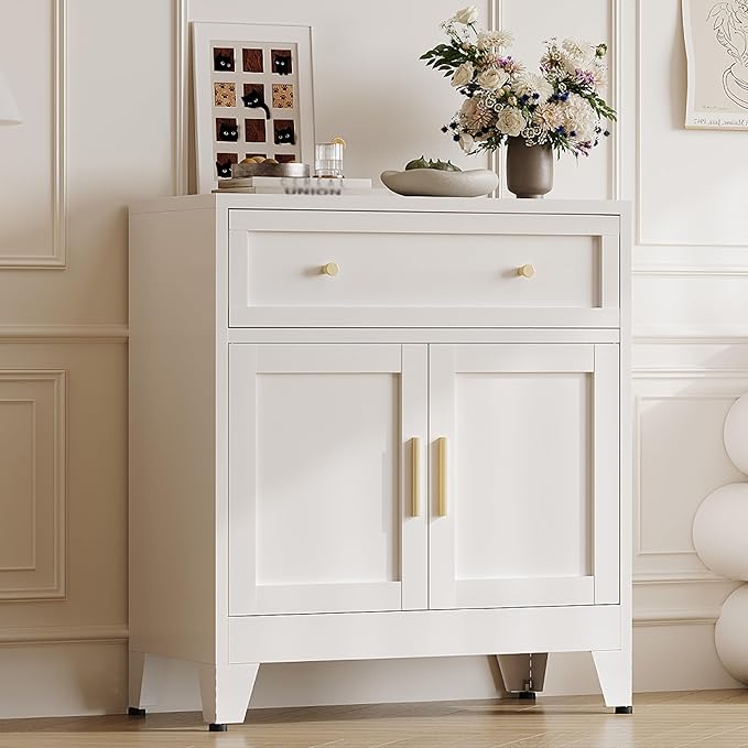 Metal Buffet Cabinet,White Coffee Bar Cabinet,Small Buffet Sideboard Cabinet,Coffee Cabinets with Storage,Short Kitchen Pantry Cabinets for Dining Room,Living Room