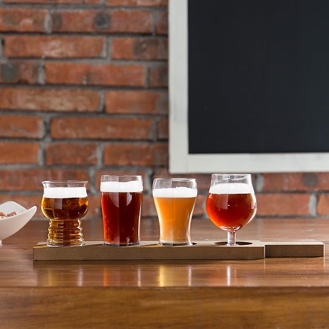 MyGift Rustic Solid Wood Sampler Tray Beer Flight Holder Serving Set with 4 Glasses and Erasable Chalkboard Label (Brown Solid Wood)