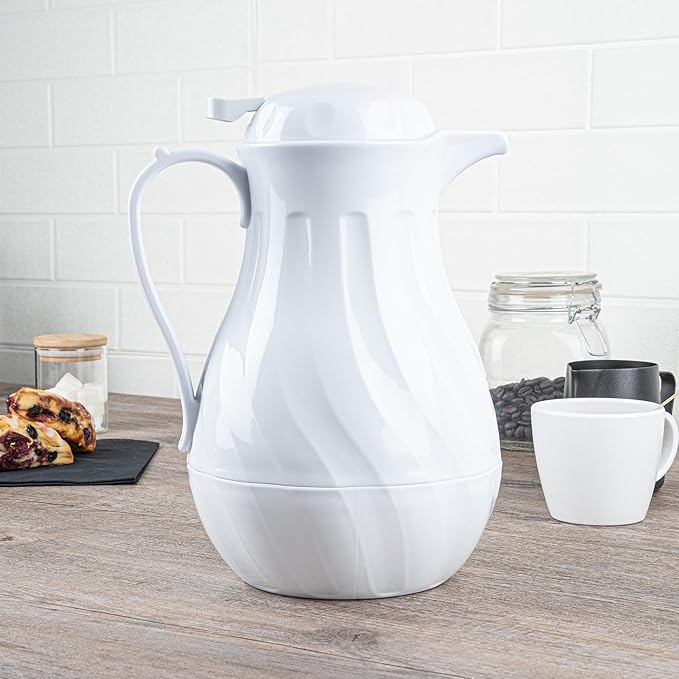 Restaurantware-Restpresso 64 Ounce Coffee Carafe, 1 Insulated Coffee Server - Push-Button Top, Swirl Design, White Plastic Pitcher, Built-In Handle, With Identification Tags