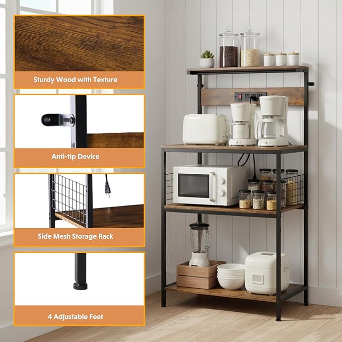 Simple Deluxe Kitchen Bakers Rack with Power Outlet, Coffee Bar Accessories Table, 4-Tier Adjustable Storage Shelf for Spices, Freestanding Appliance Organizer, 23.6 Inch, Rustic Brown
