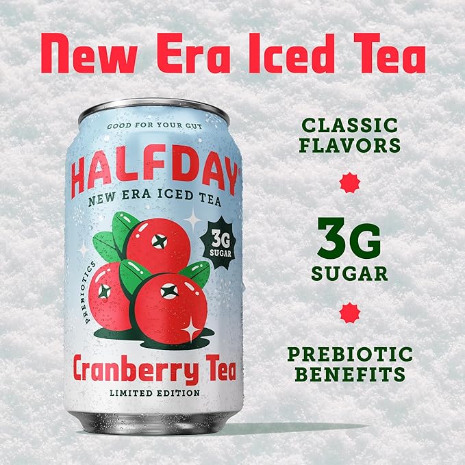 HALFDAY Prebiotic Iced Tea Cranberry, Supports Digestive & Gut Health, Plant Fiber & Prebiotics, 3g Sugar, 35 Calories, Natural Caffeine, Gluten Free, 12 fl oz (12 pack) Packaging May Vary