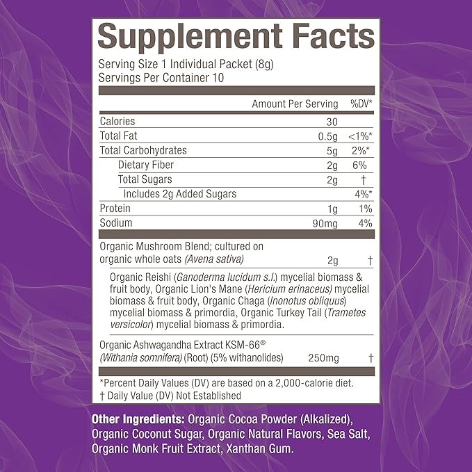 OM MUSHROOM SUPERFOOD Hot Chocolate Blend – Dutch Cocoa Mushroom Powder with Lion’s Mane, Reishi, Chaga & Turkey Tail – Focus, Calm & Stress Support – 2g Sugar, 25 Calories – Single Serve (10 Count)