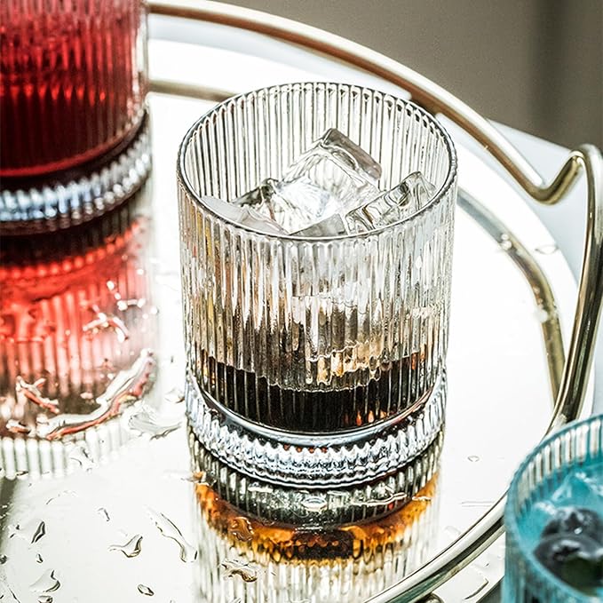 Ribbed Glass Cups Set, 13oz Vintage Drinking Glassware Set, 4 Piece Premium Glassware, Elegant Mixed Glassware Set, Origami Style Cocktail Glasses, Great for Cocktail, Whisky & Beverages (4PCS)