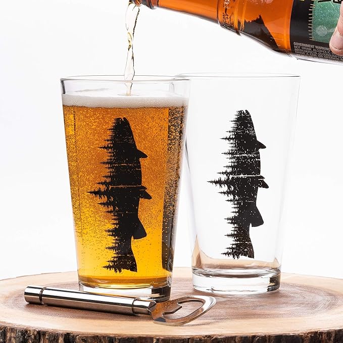 Pint Glasses with Fish and Forest Screen Print - 16 oz. Beer Glasses for Craft Beer - Fishing Gifts and Glasses for Fisherman - Trout and Forest