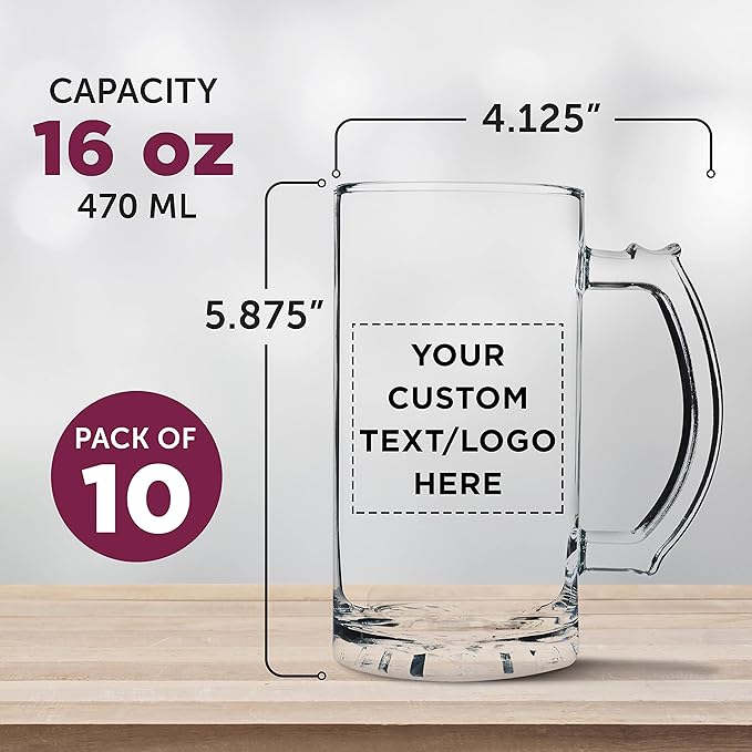 DISCOUNT PROMOS Custom Glass Beer Mug 16 oz. Set of 10, Personalized Bulk Pack - Great for Wedding Favors, Groomsmen Gifts, Birthday Gifts - Clear Bottom Color