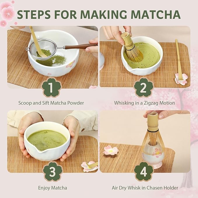 Matcha set with tray 8pcs, Japanese Matcha Kit includes Ceramic Matcha Bowl, Bamboo Matcha Whisk (Chasen), Whisk Holder, Macha Scoop(Chashaku), Bamboo Placemat, Sifter, Tea Cloth Chakin，Blue & Pink