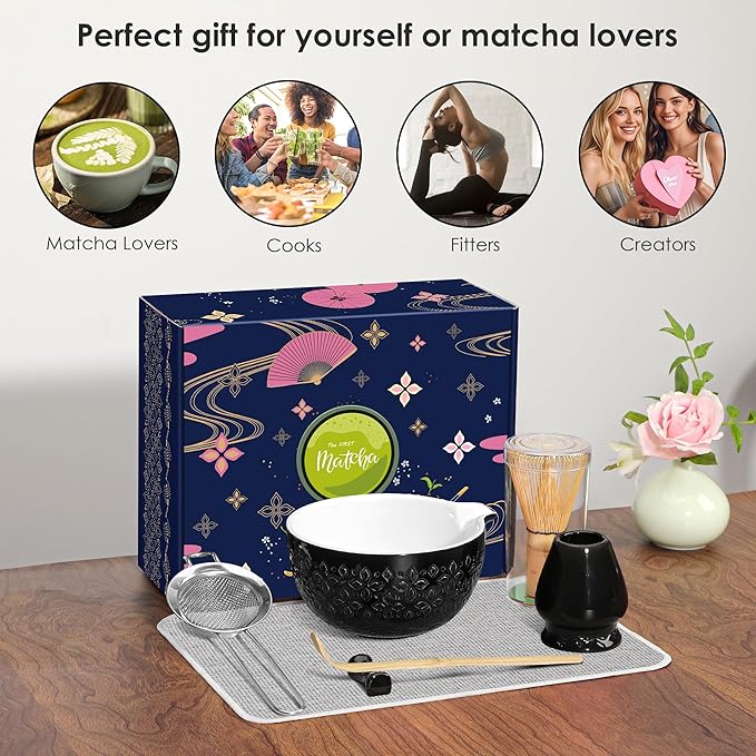 Matcha Whisk Set Matcha Kit - 7 Pcs Japanese Tea Set Includes Matcha Bowl with Spout,Bamboo Whisk with Ceramic Holder,Bamboo Scoop and Rest,Sifter,Tea Towel, for Ceremony Matcha Lovers Gift,Black