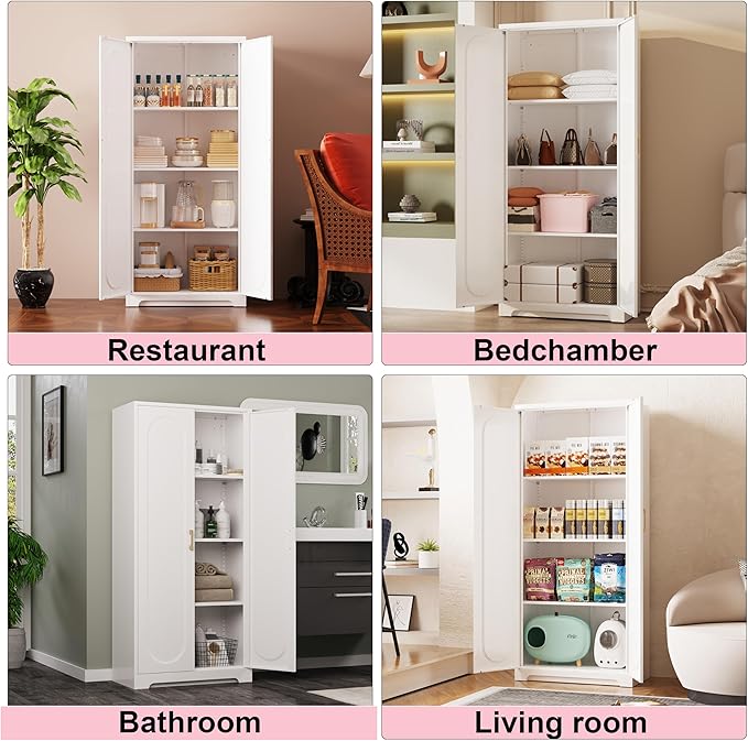 60" Kitchen Pantry Cabinet, Metal Storage Cabinet with Doors and Adjustable Shelves, Tall Steel Cabinets for Kitchen, Living Room, Dining Room, Assembly Required, White