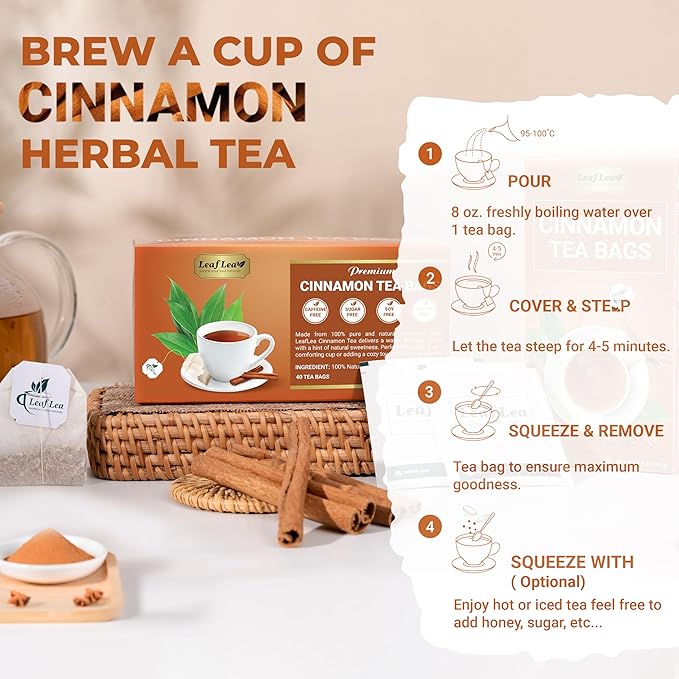 LeafLea Cinnamon Tea Bags, 80 Count (2-Pack), 100% Natural Ground Cinnamon Stick Herbal Tea, Spiced and Warming Flavor for Relaxation, Caffeine-Free, Sugar-Free, Vegan