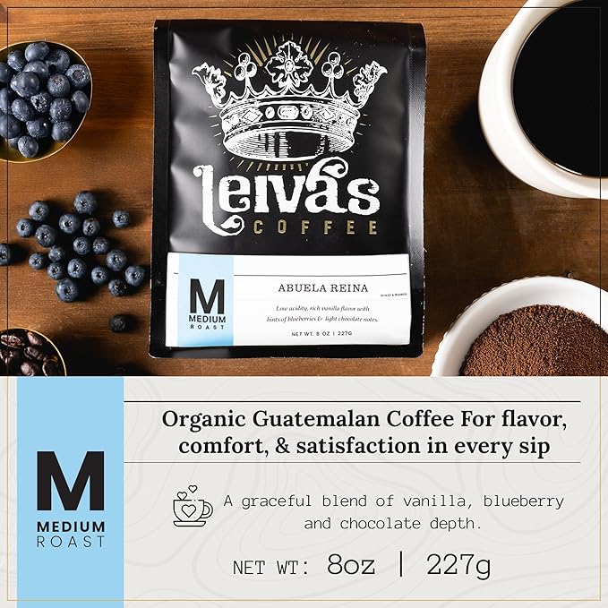 Leiva’s Medium Roast Ground Coffee - Roasted to Order, Single Origin Guatemalan Beans - Abuela Reina Coffee Grounds w/Vanilla, Blueberries & Chocolate Notes - Nutty, Earthy Low Acidity Roast (2 Pack)