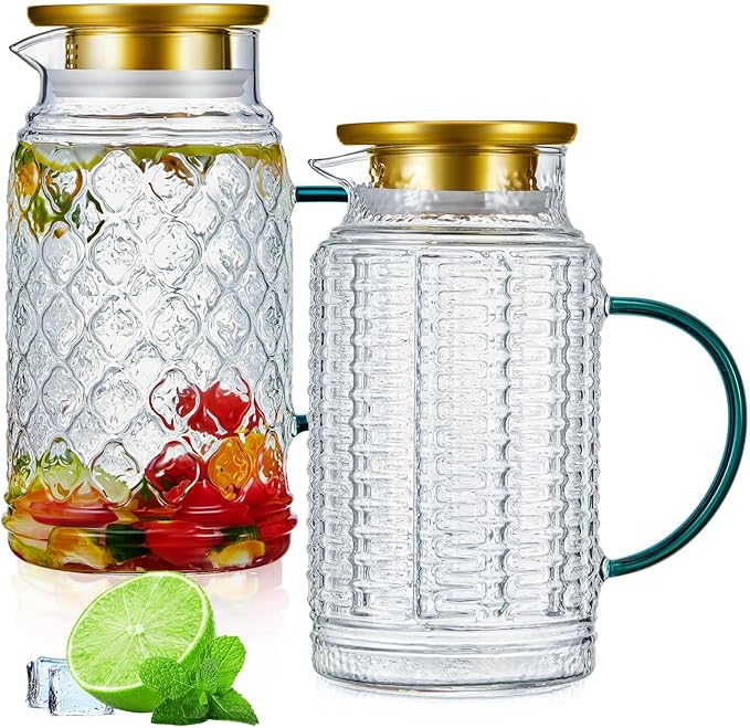 Hsei 2 Pack Glass Pitcher with Lid,68 Oz/2l Vintage Water Pitcher, Large Retro Clear Borosilicate Glass Water Carafe for Cold Brew, Lemonade, Iced Tea, Coffee, Beverage, Heat Resistant Jug