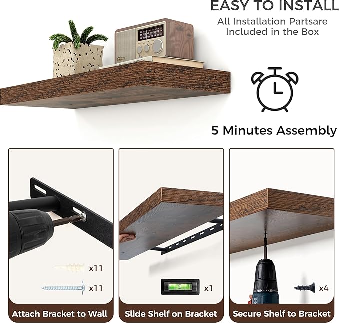 Floating Shelves for Wall, Engineered Wood Wall Shelves with Invisible Brackets for Living Room Bedroom Bathroom Office Kitchen Decor and Storage (Brown, 55" W x 9" D x 1.5" H) Set of 1