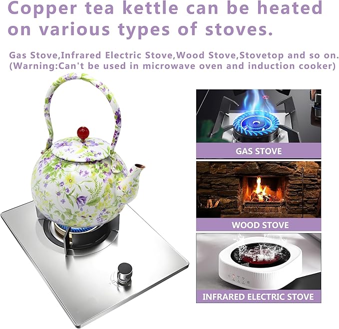 True Pure Copper Tea Kettle For Stovetop Safe, 47.3oz Non-Coating Copper Teapot with Tea Ball For Loose Leaf, Elegant Flower Pattern Kettle, Exquisite Tea Set Gift (1400ml)