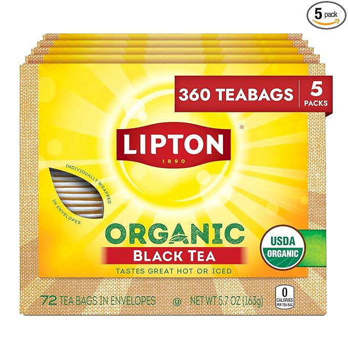 Lipton Organic Black Tea Bags, Hot or Iced Caffeine Tea, 360 Total Bags (72ct - Pack of 5)