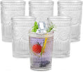 Vintage Glassware Drinking Glasses Set of 6,13 oz Clear Textured Flower Design Glass Water Tumblers，Embossed Striped Drinkware for Water,Cocktails,Juice,Iced Coffee