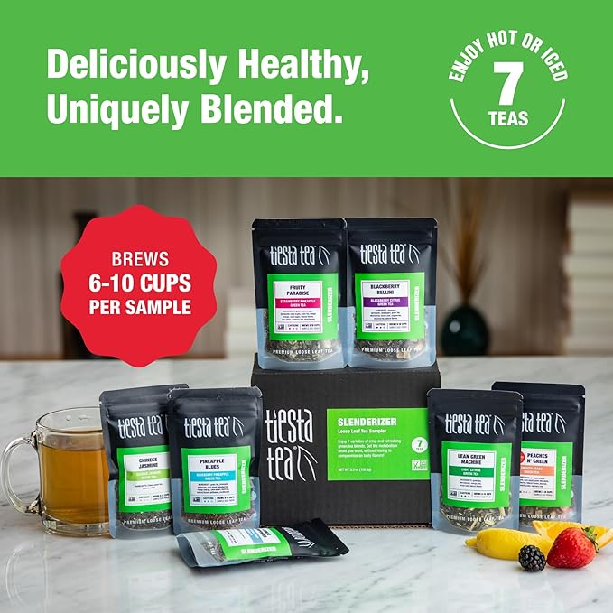 Tiesta Tea - 7 Green Teas Dry Flight Sampler, Loose Leaf, Medium Caffeine Hot & Iced Tea, Premium Green Tea Blends, 7 Resealable Sample Pouches