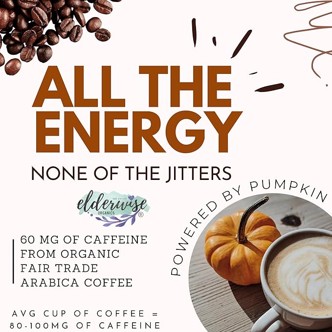 Elderwise Coffee Spiced Latte | Powered by Pumpkin & Mushrooms | Sea Moss, Chaga, Lion's Mane, Reishi | 8 Servings - Freeze Dried Instant - Chemical free - Fair Trade