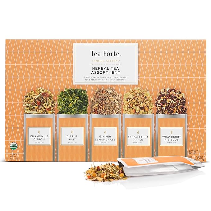 Tea Forte Herbal Tea Assortment Single Steeps Loose Leaf Premium Tea Gift Set Sampler, 15 Count 3 of Each Assorted Blends, Pre-Portioned Single Serve Pouches, Steeps 12 oz