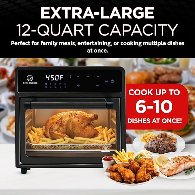Kitchen Elite Air Fryer Toaster Oven Combo,10-in-1 12.6QT Compact Countertop Oven,9 Touch Screen Presets & 1 DIY Function,Easy Digital Controls,4 Accessories Included (Black)