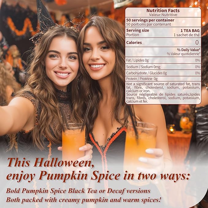 WT WEETEE Decaf Pumpkin Spice Tea, 50 Count Decaffeinated Black Tea Bags with Pumpkin Spice Chai Flavor, Warm, Spicy & Aromatic, Holiday and Fall | Halloween Tea