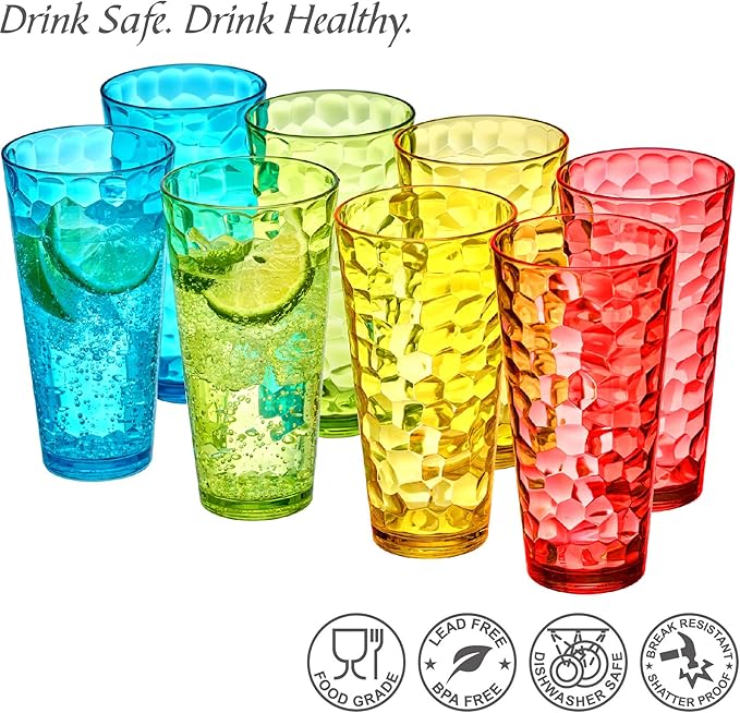 Amazing Abby - Iceberg - 24-Ounce Plastic Tumblers (Set of 8), Mixed-Color High-Balls, Reusable, Stackable, BPA-Free, Shatter-Proof, Dishwasher-Safe