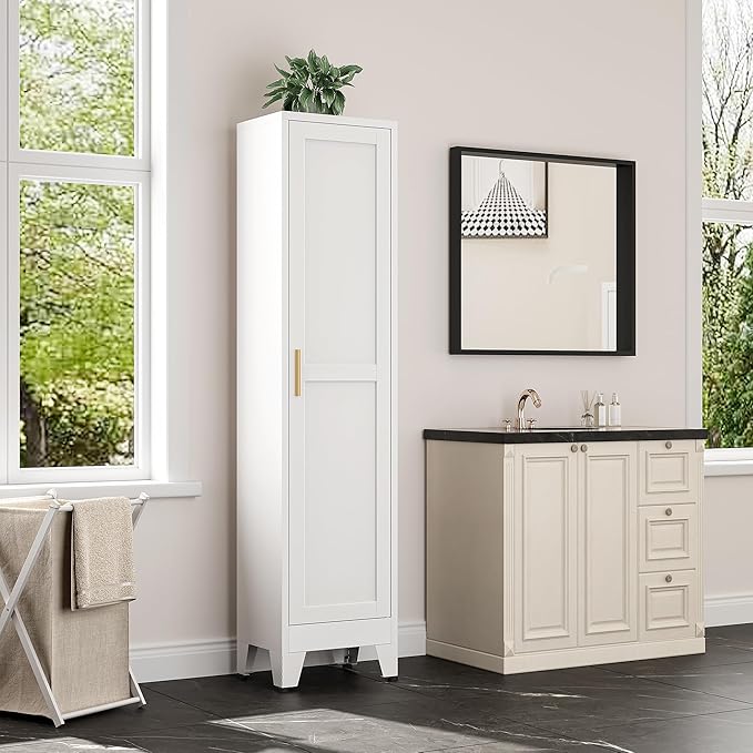 Tall Bathroom Storage Cabinet, 67" Narrow Metal Storage Cabinets, Freestanding Tall Linen Cabinet, Slim Kitchen Pantry Cabinets with Shelves