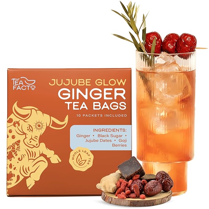 Tea Facto Inner Glow* Jujube Ginger Tea Bags with Dried Ginger Roots and Red Dates - Natural Fiber, Zero Added Sugar, Zero Caffeine - 10 Count