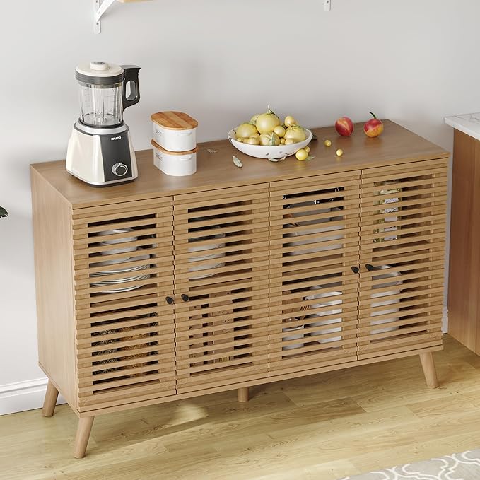 47" W Buffet Cabinet with 4 Slatted Doors, Mid-Century Buffet Sideboard with Shelves, Accent Storage Cabinets Cupboard Console for Living Room Kitchen Hallway, Oak