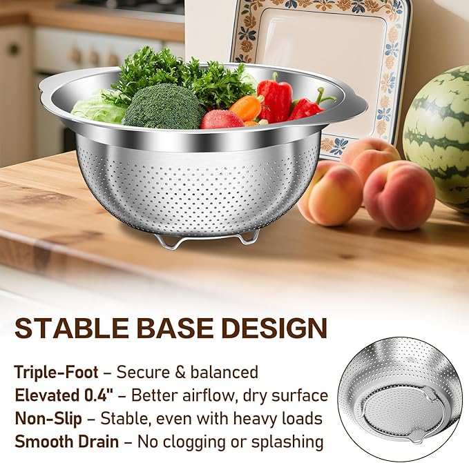 Stainless Steel Colander for Kitchen, Stainless Steel Strainer, Pasta Strainer for Spaghetti Fruit Vegetable Cooking Food, 3 Pcs Strainers and Colanders(2QT, 3QT, 5QT), Dishwasher Safe, Christmas Gift