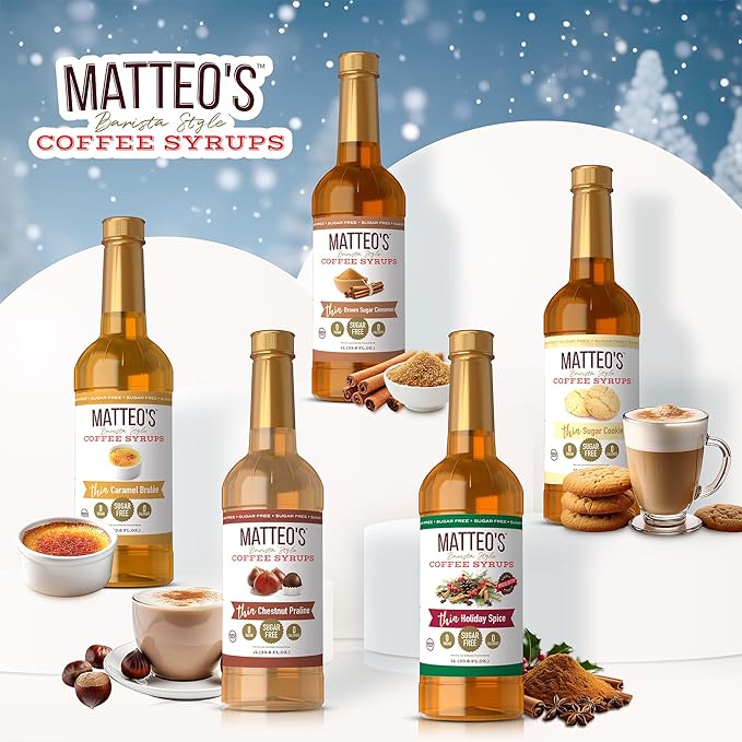 Matteo's Caramel Brulee for Coffee, Lattes, Cappuccinos & Desserts – Sugar-Free Sweetener for Beverages, Keto Friendly, Zero Calories, Indulgent Flavor, Non-Alcoholic,Ideal for Hot Drinks 33.8oz (6pk)