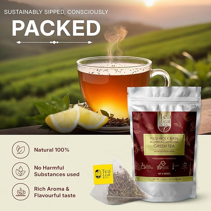 Tulsi Ashwagandha Green Tea Bags (50 Count), Green Tea with Tulsi, Ashwagandha, Lemongrass and Black Pepper, Caffeinated, Real and Natural Green Tea, Blended with Fresh Herbs and Spices, Gluten Free