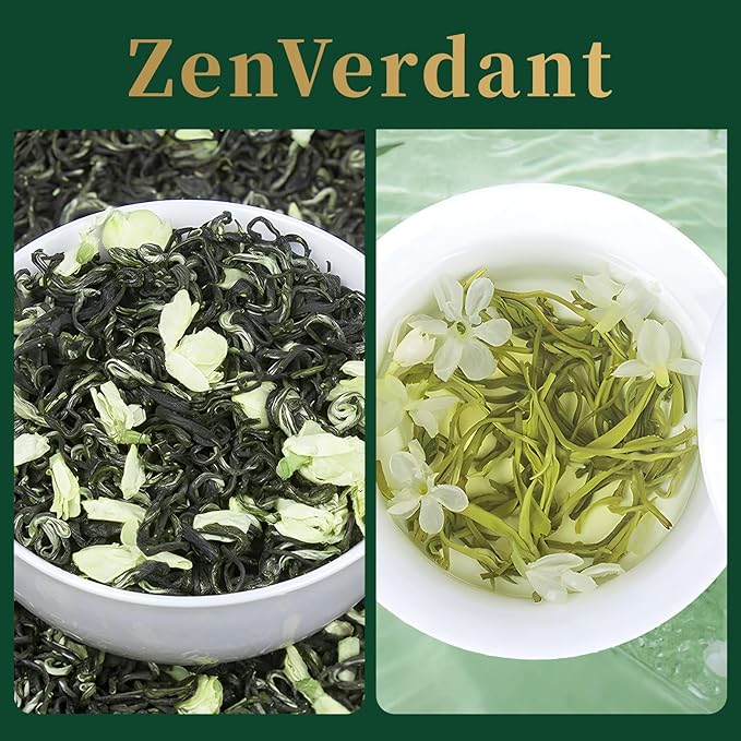 ZenVerdant Premium Jasmine Green Tea Loose Leaf | 7x Scented, Low Caffeine, High Antioxidant | Cold Brew Ready, Smooth Taste, Natural Floral Notes