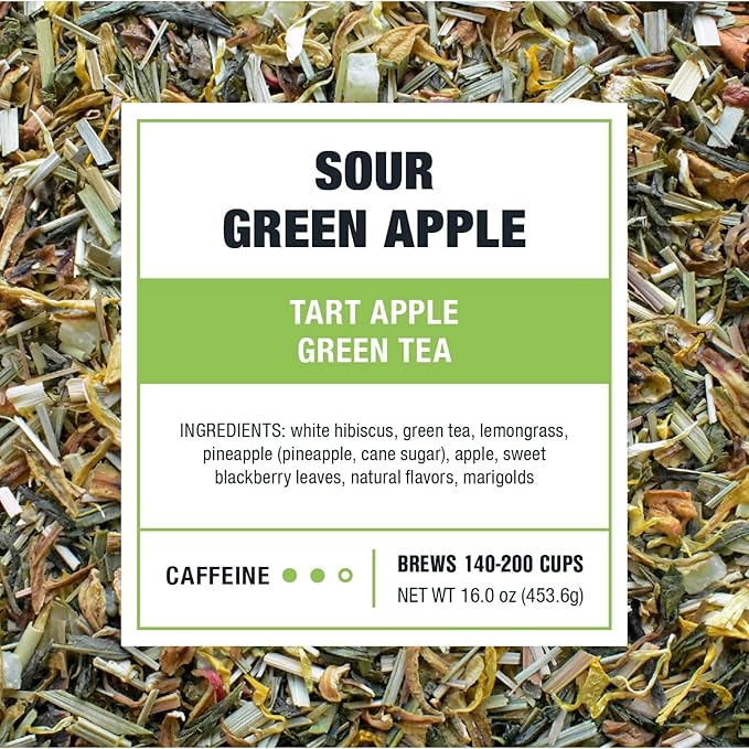 Tiesta Tea - Sour Green Apple, Loose Leaf, Tart Apple Green Tea, Medium Caffeinated Blend, Make Hot or Iced & Brews Up to 140-200 Cups, 16 oz Resealable Bulk Pouch