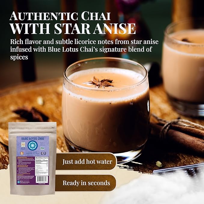 Blue Lotus Chai – Star Anise Masala Chai - Makes 265 Cups – Just Add Hot Water, No Steeping, No Gluten - 8 Ounce Masala Chai Powder with Organic Spices – Authentic Indian Tea