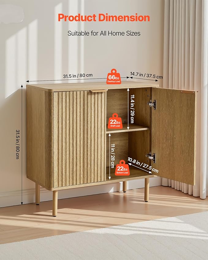 VEVOR Buffet Cabinet, Sideboard Cabinet with 2-Tier Storage, Coffee Bar Cabinet with Adjustable Shelves, Fluted Sideboard Buffet for Hallway, Entryway, Living Room, or Kitchen, Oak