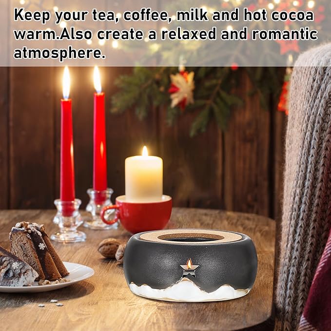 BSTKEY Teapot Warmer, Ceramic Tea Warmer with Tealight Holder and Cork Cushion, Teapot Heater for Heating Coffee Milk Tea (Black, Star Style)