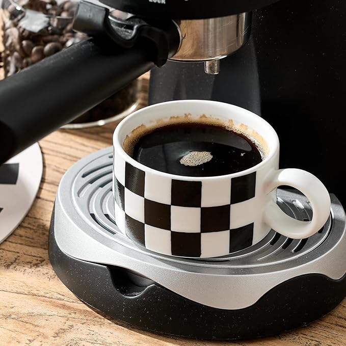 LUKA 6 Ounce Ceramic Stackable Black and White Checkered Espresso Cups with Saucers and Metal Stand Set of 4, Cappuccino Cups Set for Coffee Drinks, Latte, Cafe Mocha and Tea, White Interior