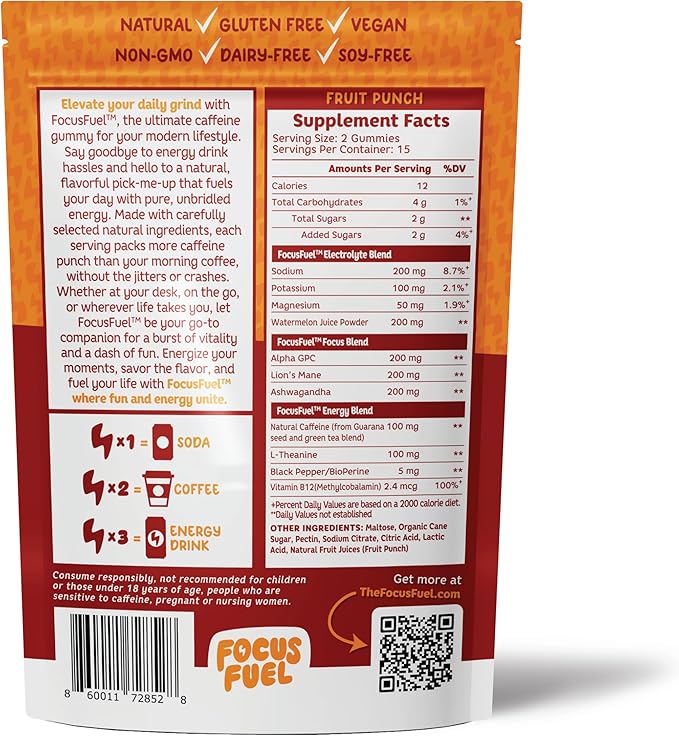 FocusFuel Energy Chews – Fruit Punch Flavor (15 Servings) – 100mg Caffeine + L-Theanine + B12, Magnesium – Boost Focus & Energy – No Crash or Jitters