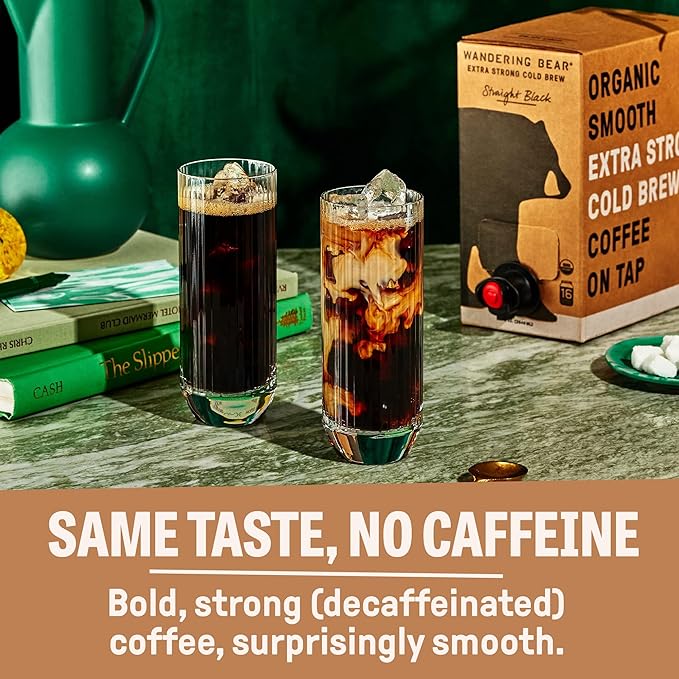 Wandering Bear Decaf Cold Brew Coffee On Tap, Iced Coffee Drink - Bold, Smooth, No Sugar Added, Shelf-Stable, Ready to Drink, Gluten Free & Vegan Decaf - 16 Servings of 6fl.oz - 96fl.oz