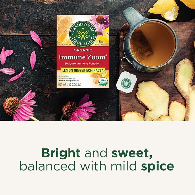 Traditional Medicinals Tea, Organic Immune Zoom Lemon Ginger, Supports Immune Function, 48 Tea Bags (3 Pack)