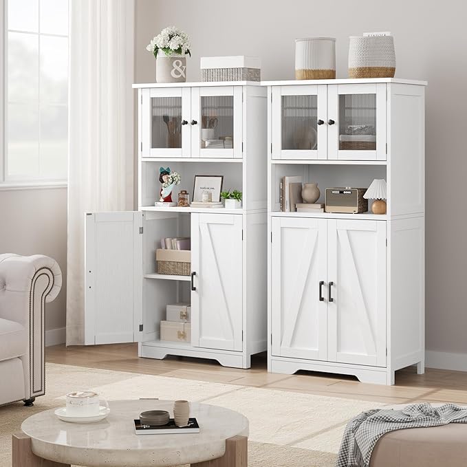 Storage Cabinets, 54 Inch Tall Hutch Bar Cabinet with Glass Doors and Adjustable Shelves, Wooden Kitchen Pantry Storage Cabinet, for Living Room,Rustic Brown