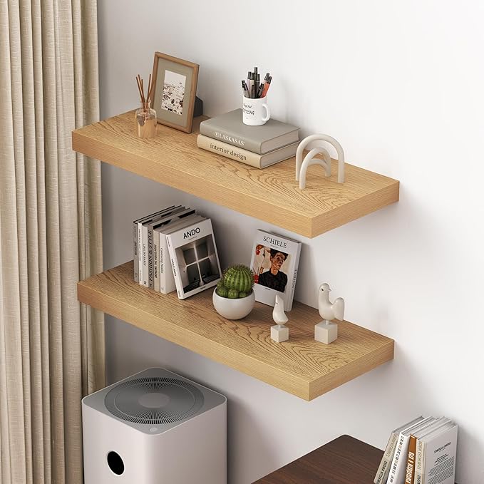 Dreamland 36" Floating Shelves for Wall, 12" Deep Thicker Oak Floating Shelves, Wall-Mounted Shelves for Bedroom, Living Room, Kitchen, Bathroom - Set of 2